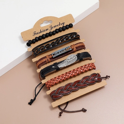 Vintage Multi Layer Woven Bracelet Cowhide Leather PU Alloy Believe Plate Feather Charm Retro Punk Jewelry Unisex