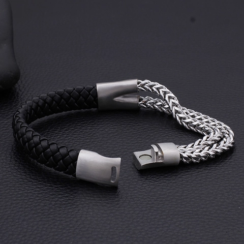 Men Bracelet Stainless Steel And Genuine Leather Braided Rope Dual Row Chain Punk Rock Fashion Jewelry