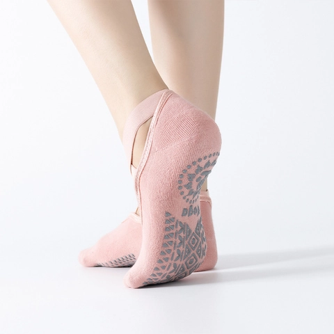 Calze Yoga Donna Cotone Antiscivolo Silicone Pilates Balletto Danza Con Cinghie Incrociate Traspirante