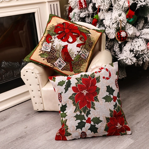 Weihnachts Kissenbezug Baumwoll Faser Mischung Jacquard Stickerei Quadratischer Feiertags Heimdekor Kissenhülle