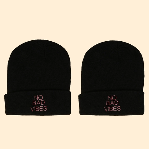 Beanie Acrylic Knitted Hat No Bad Vibes Embroidery Pink Text Folded Cuff Winter Warm Streetwear Casual For Men Women