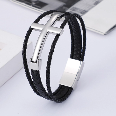 Bracciale Multistrato In Pelle Intrecciata Per Uomo Con Croce In Acciaio Inossidabile E Chiusura Magnetica