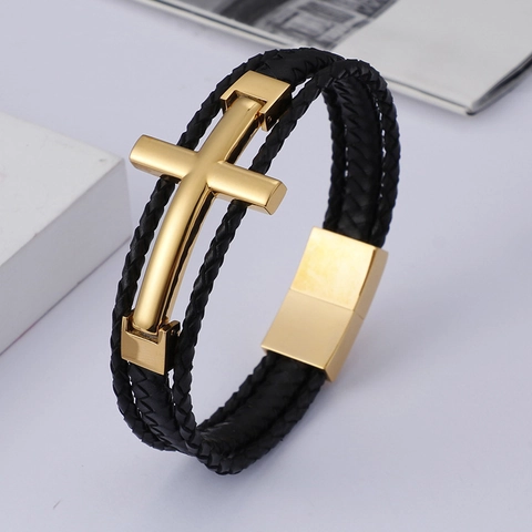 Bracciale Multistrato In Pelle Intrecciata Per Uomo Con Croce In Acciaio Inossidabile E Chiusura Magnetica