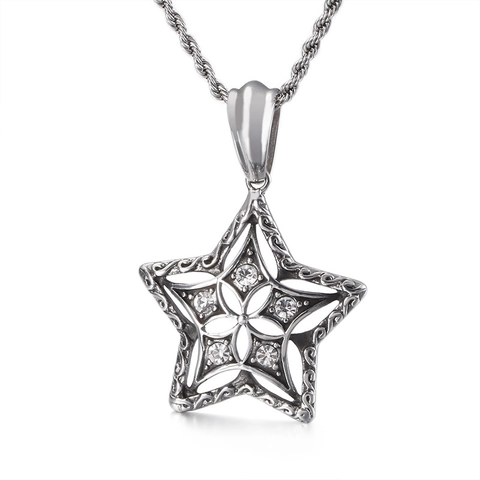 Stainless Steel Pentagram Star Pendant Retro Carved Hollow Zirconia Inlaid Jewelry Accessory For Men Women