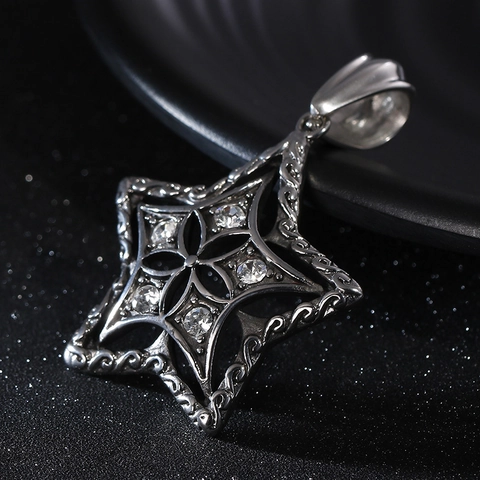 Stainless Steel Pentagram Star Pendant Retro Carved Hollow Zirconia Inlaid Jewelry Accessory For Men Women