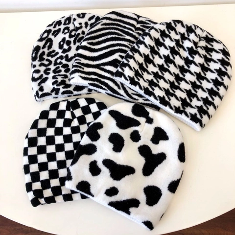 Black White Beanie Hat Knitted Acrylic Winter Warm Leopard Zebra Cow Print Checkered Houndstooth Fashion Streetwear