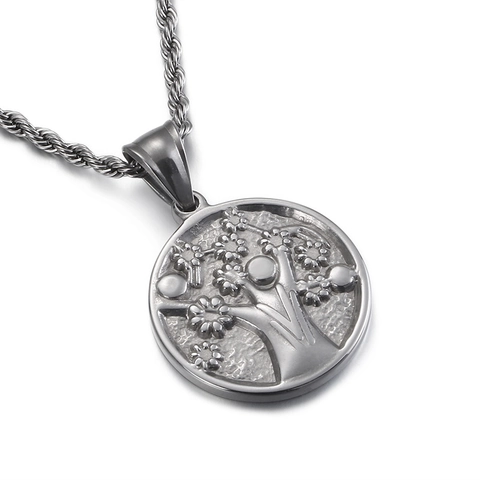 Tree Of Life Round Pendant Stainless Steel Relief Engraved Minimalist Fashion Jewelry For Men Daily Wear