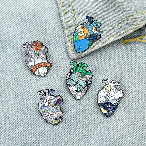 Kreative Herz Emaille Pins Legierung Anatomische Herz Broschen Abzeichen Künstlerische Malerei Floral Ozean Schmuck Für Kleidung Rucksack