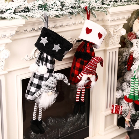 Calze di Natale Scozzesi Con Gnomo Bambola Grande Sacchetto Regalo di Peluche per Camino Appeso Albero di Natale Decor