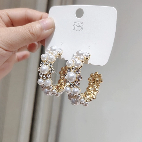 Orecchini A Cerchio A C Con Künstliche Perle Sintetiche Strass Lega 925 Argento Sterling Perno Francese Retro Elegante Per Donne