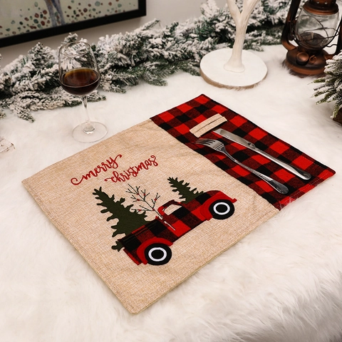 Christmas Placemat With Cutlery Slot Linen Burlap Buffalo Plaid Red Truck Table Mat Holiday Dining Decoration