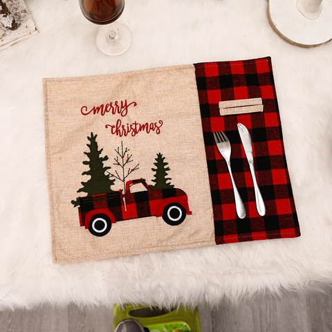 Christmas Placemat With Cutlery Slot Linen Burlap Buffalo Plaid Red Truck Table Mat Holiday Dining Decoration
