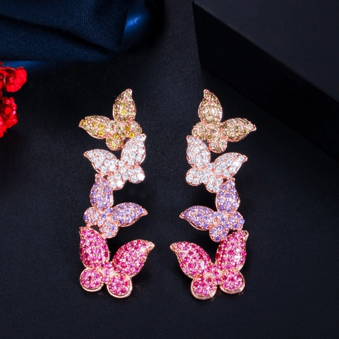 Copper Butterfly Drop Earrings With 925 Sterling Silver Earring Post Gradient Zirconia Inlaid Luxurious Jewelry For Women