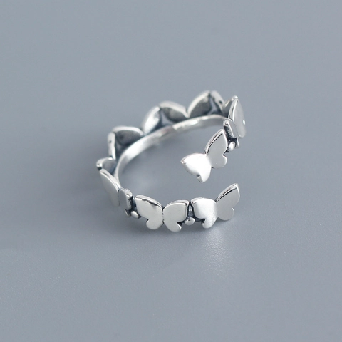 925 Sterling Silver Butterfly Ring Adjustable Opening Vintage Beaded Design Korean Ins Style Dainty Jewelry For Women