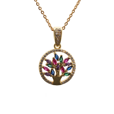 Collier Pendentif Rond Arbre De Vie Cuivre Avec Zircon Coloré Micro Pavé Bijoux Pour Femmes Accessoires Élégants