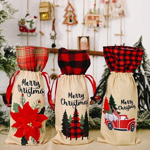 Christmas Wine Bottle Cover Linen Burlap Plaid Drawstring Bag Holiday Dining Decor Merry Christmas Print Gnome Truck