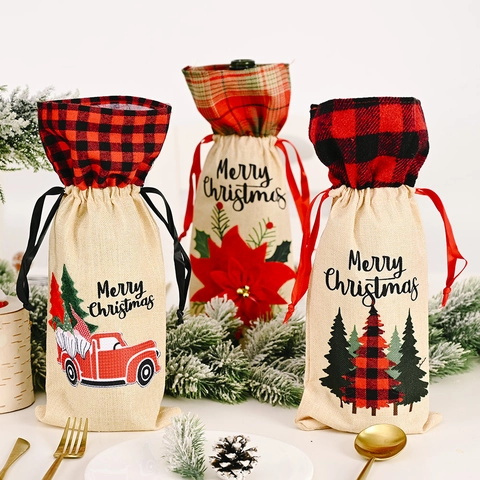 Merry Christmas Burlap Wine Bottle Covers Plaid Drawstring Red Truck Tree Poinsettia Wine Bottle Gift Bags For Holiday Table Decor