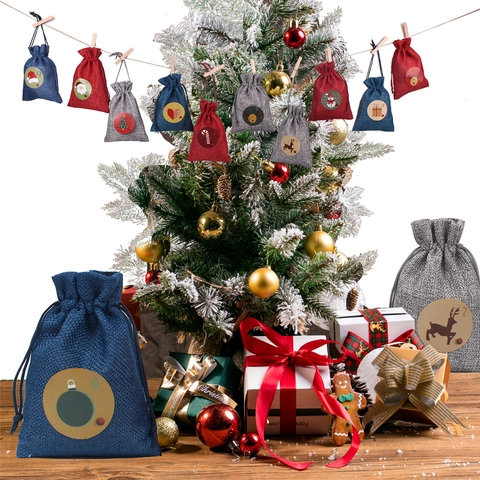 Christmas Advent Calendar Gift Bags Linen Burlap Drawstring Pouch DIY Holiday Countdown Decor Wood Clips Jute Rope