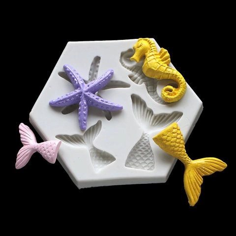 Ocean Theme Silicone Mold For Fondant Cake Decoration Sea Horse Starfish Mermaid Tail DIY Baking Chocolate