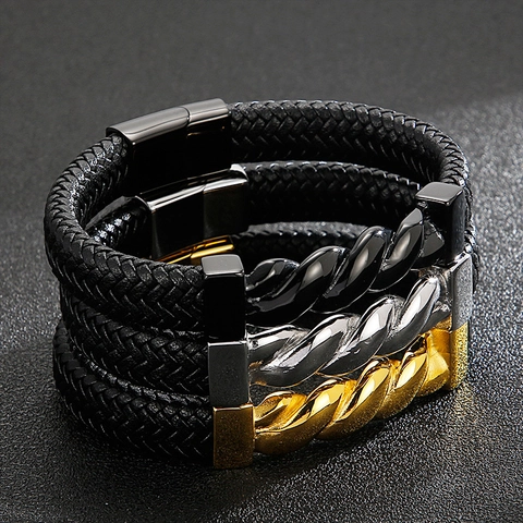 Bracciale In Pelle Intrecciata Da Uomo Con Ornamento A Torsione In Acciaio Inossidabile Chiusura Magnetica Stile Punk Moda
