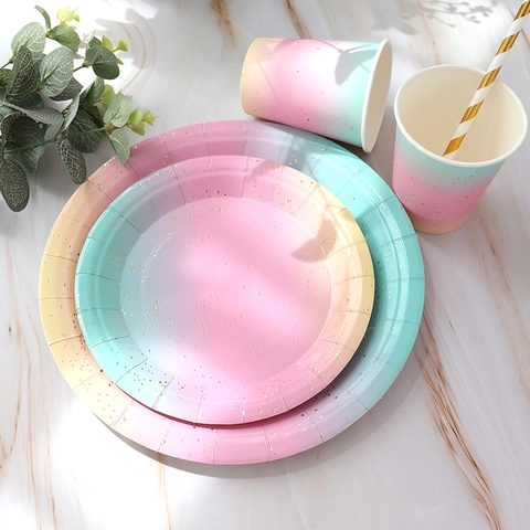 Stoviglie Per Feste Usa E Getta Sfumatura Arcobaleno Puntini Dorati Piatti Bicchieri Tovaglioli Per Decorazione Compleanno