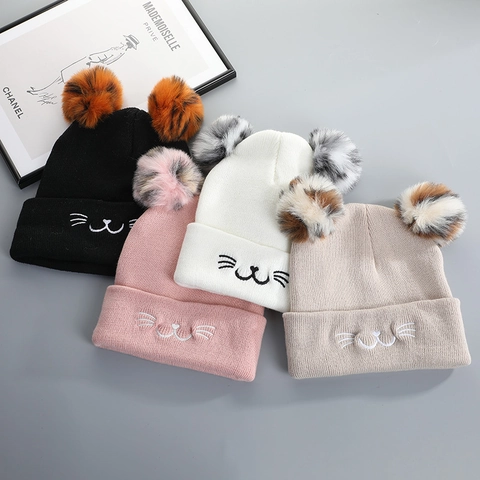 Cute Cat Ear Beanie Hat For Women Knitted Cotton With Faux Fur Double Pom Poms Winter Warm Outdoor Kawaii