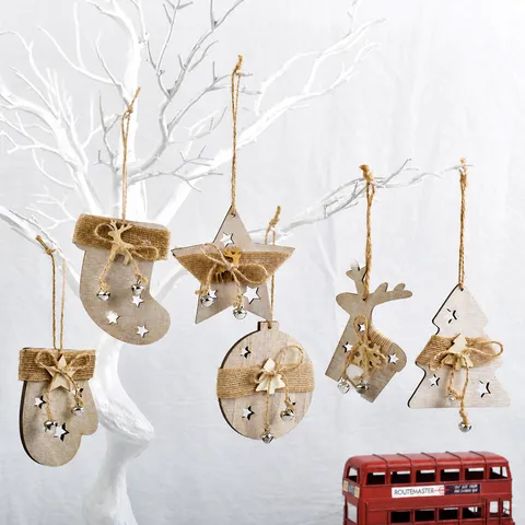 Rustic Christmas Wooden Ornaments Hollow Star Reindeer Stocking Tree Hanging Pendants With Jute Rope Mini Metal Bells For Xmas Holiday Tree Home Scene Decor