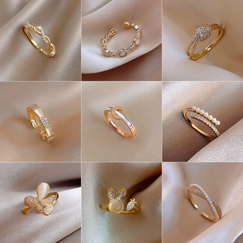 Bague Ouverte Ajustable Pour Femme Alliage Plaqué Or Pierre Oeil De Chat Künstliche Perle Zircon Lapin Forme De Coeur Bijoux Style Coréen