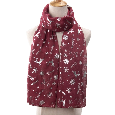 Kerst Sjaal Polyester Zilverfolie Rendier Sneeuwvlok Print Feest Vakantie Elegante Lange Omslagdoek Voor Dames Accessoire