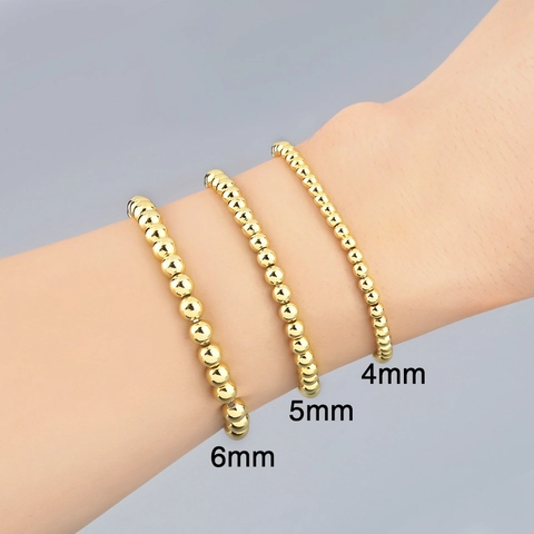 Minimalist Polished Round Ball Bead Bracelet Brass Gold Platinum Plated Elastic String Jewelry For Women