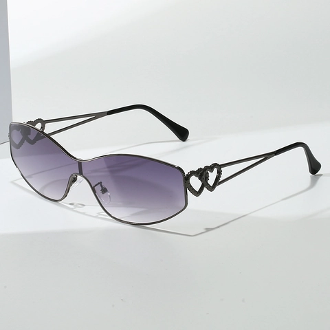 Fashion Women Double Heart Cat Eye Integrated Sunglasses Y2K Metal Frame One Piece UV400 Trendy Travel Eyewear