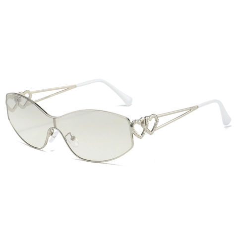 Fashion Women Double Heart Cat Eye Integrated Sunglasses Y2K Metal Frame One Piece UV400 Trendy Travel Eyewear