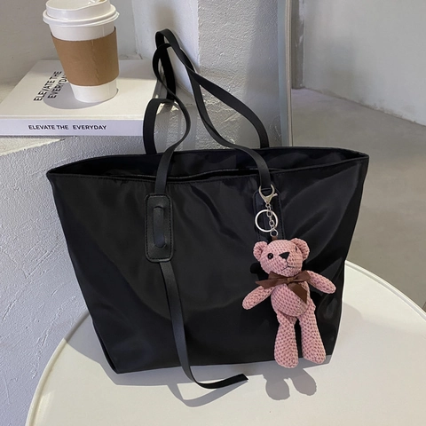 Women Large Capacity Tote Bag Minimalist Nylon Shoulder Handbag For Daily Commuting Shopping With Plush Animal Charm