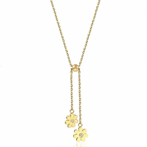 Asymmetrische Titanium Staal 18K Vergulde Zonnebloem Halsketting Voor Dames Ingelegde Strass Dubbele Bloem Hanger Sleutelbeenhalsketting