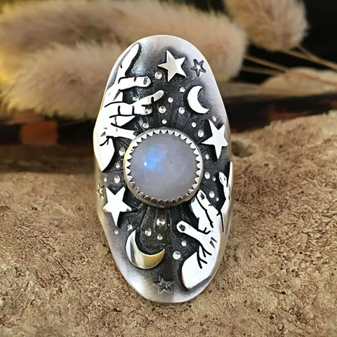 Anello In Rame Vintage Con Pietra Di Luna Motivo Stella Luna Mano Gioielli Occulti Bohémien Per Uomini Donne Argentato