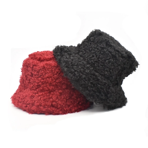 Cappello Bucket Da Donna In Finta Lana D'Agnello Caldo Ispessito Peluche Cappello Da Pescatore Tinta Unita Inverno All'Aperto Antivento