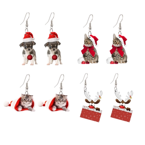 Weihnachts Acryl Ohrringe Damen Cartoon Katze Hund Rentier Weihnachtsmann Mütze Festliche Party Schmuck Geschenk