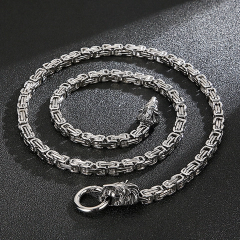 Collar de Cadena Bizantina de Acero Inoxidable para Hombre Punk Rock Calavera León Cabeza de Dragón Colgante Joyas de Acero de Titanio