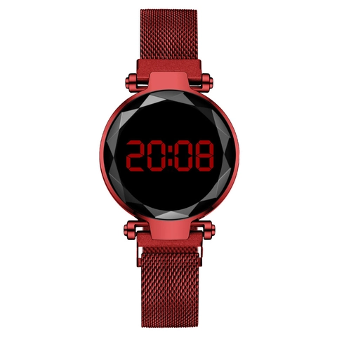 Women Fashion LED Digital Watch With Metal Mesh Strap Magnetic Buckle Diamond Cut Glass Mirror Minimalist Luxury