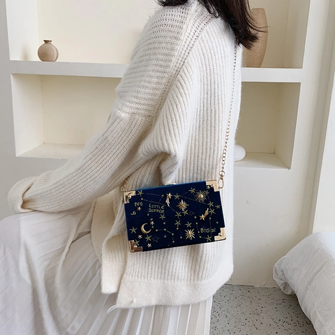 Velvet Celestial Embroidery Box Crossbody Bag With Gold Chain Moon Star Vintage Evening Handbag For Women