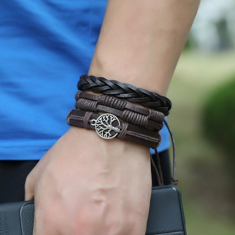 Vintage Multi Layer Braided Cowhide Leather Bracelet With Alloy Tree Of Life Pendant For Men