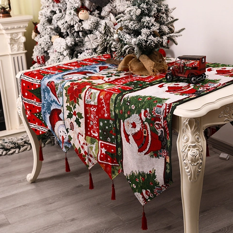 Christmas Table Runner Cotton Polyester Jacquard With Tassels Holiday Dining Decor Santa Snowman Pattern Home Ornament