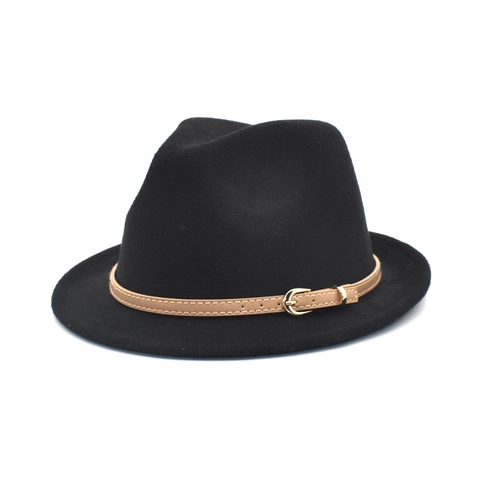 Wool Felt Fedora Hat With Leather Band Metal Buckle Vintage Jazz Cap Solid Color Unisex Wide Brim Winter Outdoor