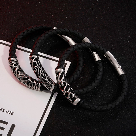 Retro Punk Men Genuine Leather Woven Bracelet With Hollow Pattern 316L Stainless Steel Magnetic Clasp Trendy Jewelry