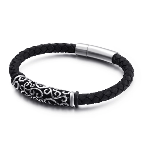 Retro Punk Heren Echt Lederen Gevlochten Armband Met Hol Patroon 316L Roestvrij Staal Magnetische Sluiting Sieraden
