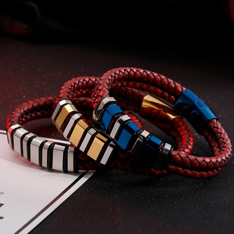 Bracciale Da Uomo In Pelle Intrecciata A Doppio Strato Acciaio Inossidabile Chiusura Magnetica Gioielli
