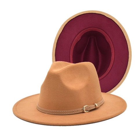 Fedora Hat Wide Brim Wool Felt Two Tone Contrast Color Vintage Jazz Cap With Belt Buckle For Men Women Style