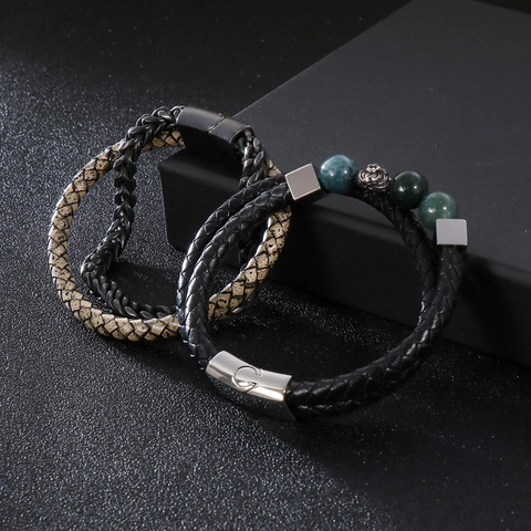 Pulsera Para Hombre Doble Capa Cuero Trenzado Cadena Acero Inoxidable 316L Cabeza De León Piedra Natural Cierre Magnético