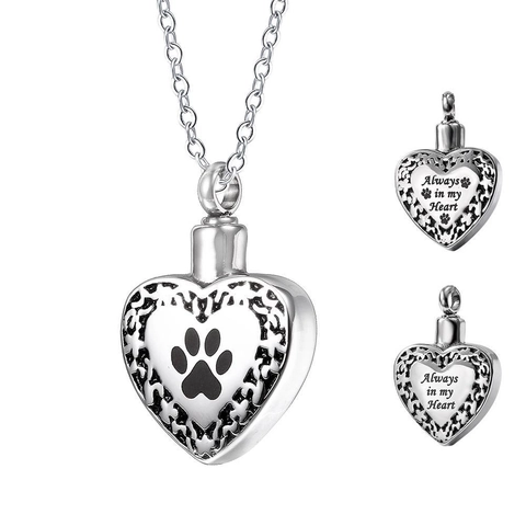 Collier Urne Funéraire Cœur en Acier Inoxydable Gravé Always In My Heart Pendentif Patte de Chien Bijoux Souvenir de Cendres