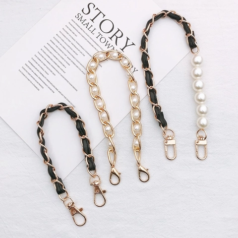 Fashion Artificial Pearl Bag Chain Strap Replacement Alloy Metal Leather Woven Handbag Handle For DIY Phone Case Accessories
